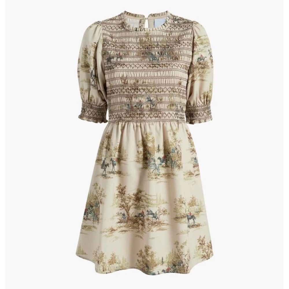 Hill House Mini Dress in Cream Toile Print with Brown Smocking